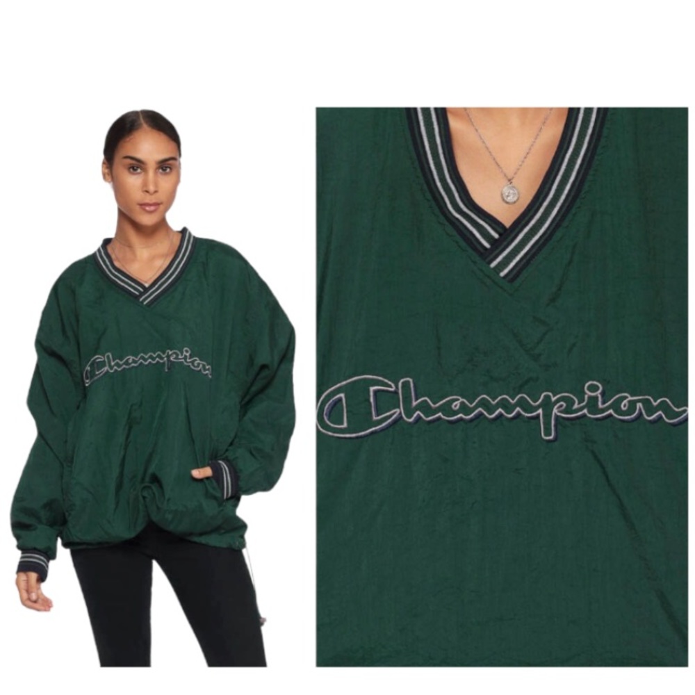 Vintage Champion🦎Script Windbreaker Jacket Adult L Green Pullover Nylon🌵